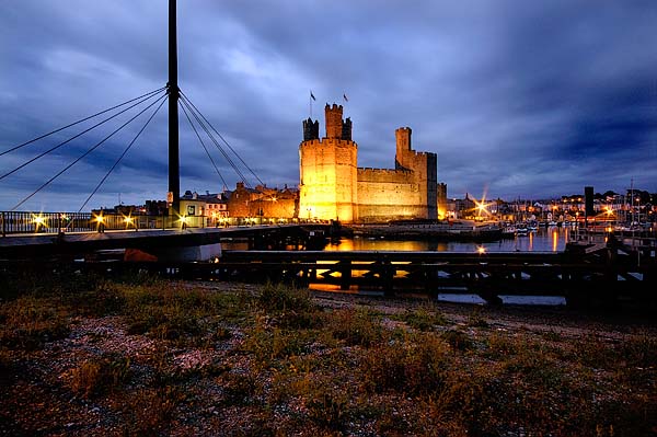 Caernarfon Castle at dusk.